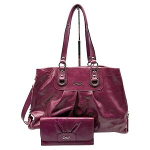 Coach Ashley Patent Leather Carryall Bag and Wallet Berry Plum F15516
